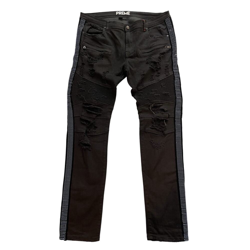 PREME Designer Moto Black Denim Stripe Distressed Destroyed Jeans Size 38x34